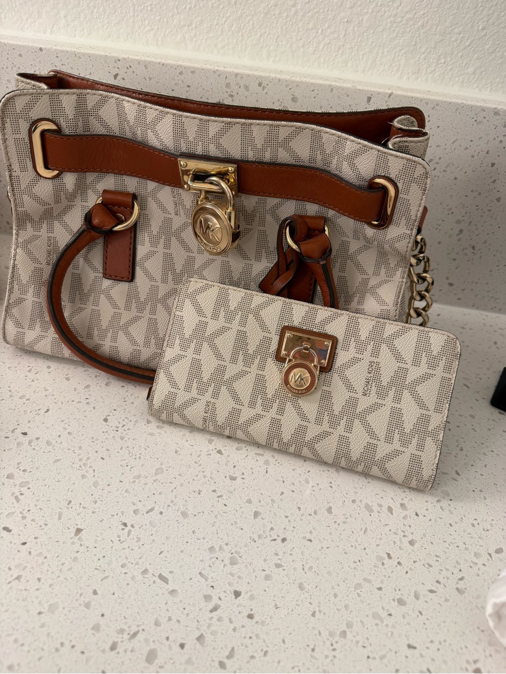 Michael Kors Cream MK Logo Tote with Brown Trim and Gold Hardware